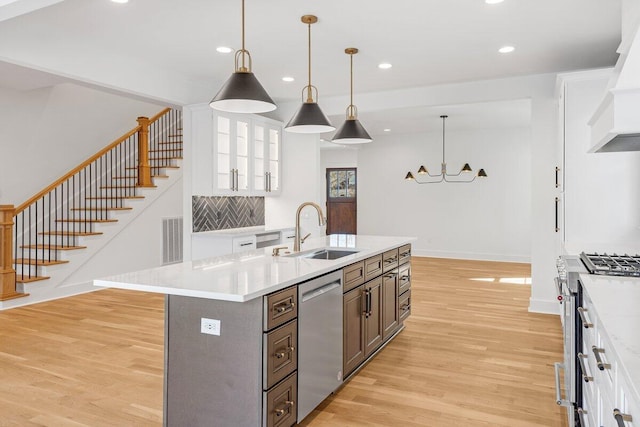 kitchen featuring decorative light fixtures, an island with sink, sink, white cabinets, and stainless steel appliances