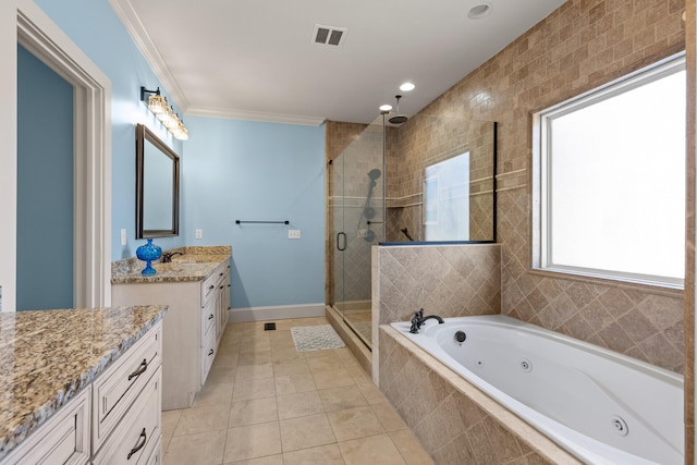 bathroom featuring independent shower and bath, vanity, tile patterned floors, and crown molding