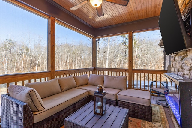 sunroom featuring ceiling fan and wooden ceiling