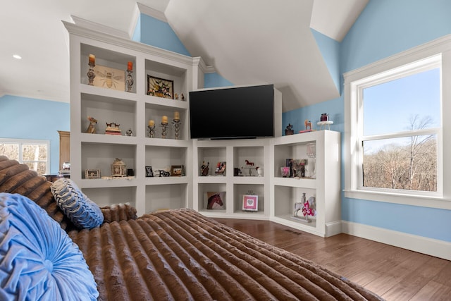 bedroom with lofted ceiling and wood-type flooring