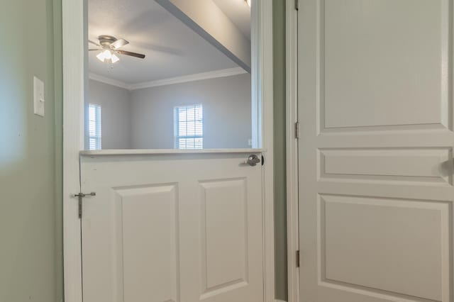 doorway with ornamental molding and ceiling fan