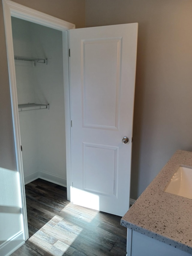 bathroom featuring hardwood / wood-style flooring and vanity