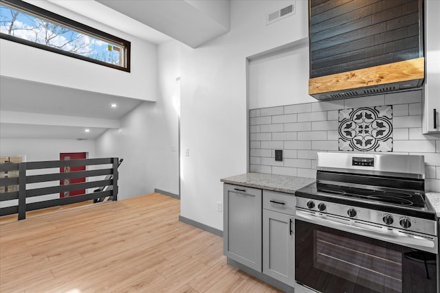 kitchen featuring light wood finished floors, visible vents, gray cabinetry, decorative backsplash, and stainless steel range with electric cooktop