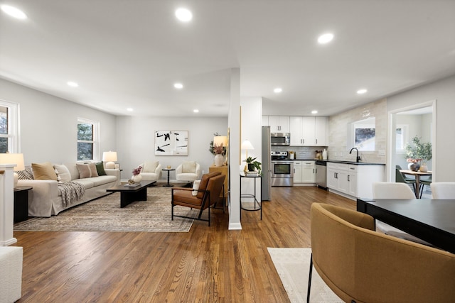 living room with sink and hardwood / wood-style floors