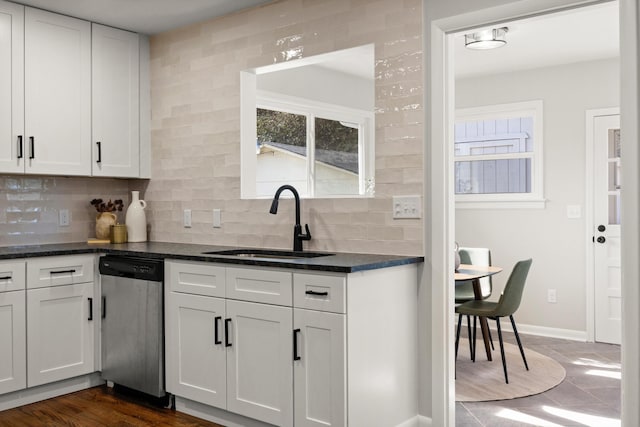 kitchen with tasteful backsplash, dishwasher, sink, and white cabinets