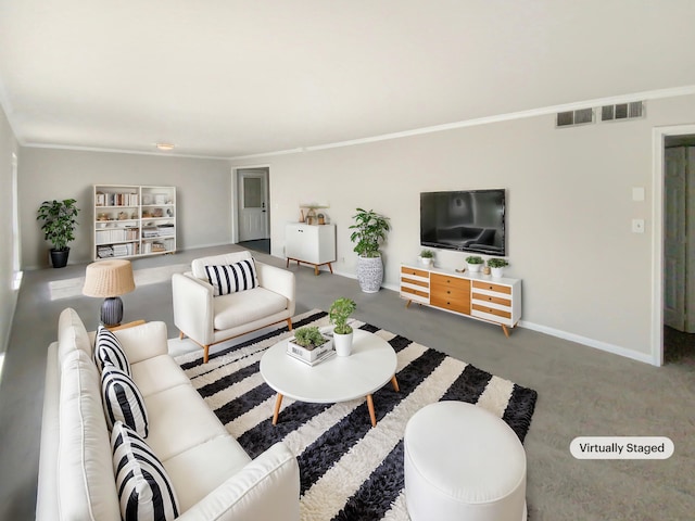 carpeted living room featuring crown molding