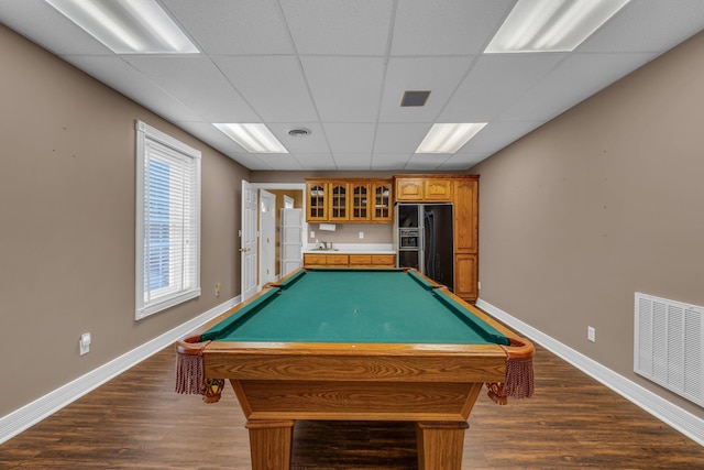 recreation room with dark hardwood / wood-style flooring, sink, a paneled ceiling, and billiards