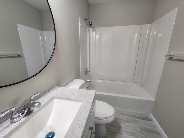 full bathroom with shower / bathtub combination, vanity, toilet, and baseboards