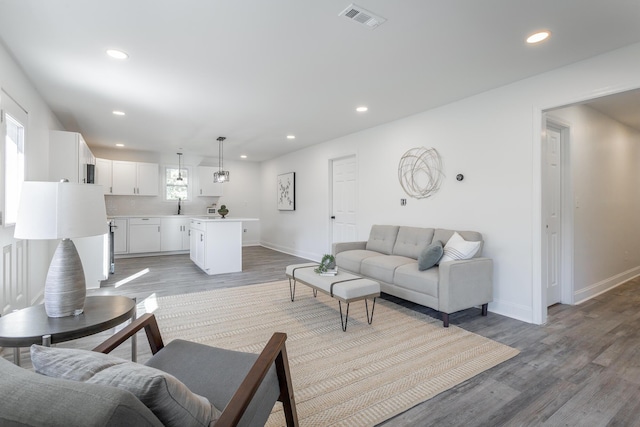 living room featuring sink, wood-type flooring, and plenty of natural light