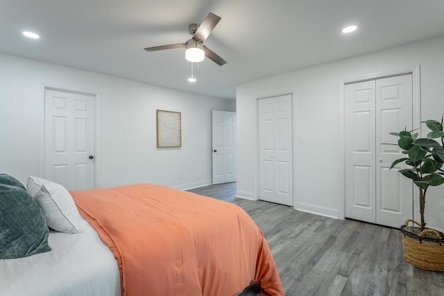 bedroom with multiple closets, ceiling fan, and wood-type flooring