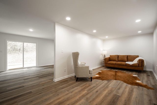 living room with dark hardwood / wood-style flooring