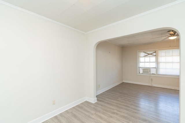 unfurnished room with hardwood / wood-style flooring, crown molding, cooling unit, and ceiling fan