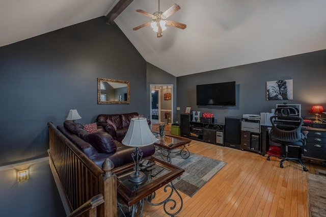 living room with lofted ceiling with beams, hardwood / wood-style floors, and ceiling fan