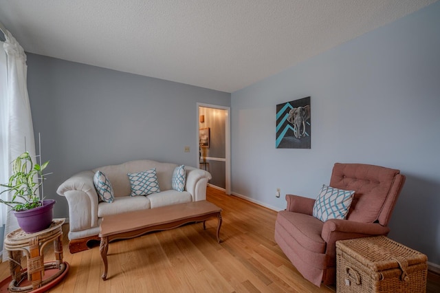 living room featuring light hardwood / wood-style floors and a textured ceiling