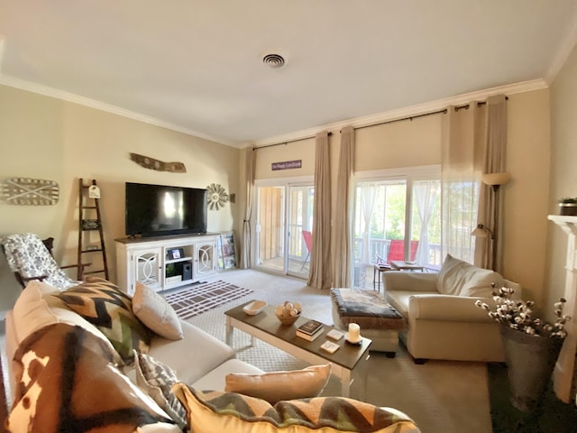 living room with crown molding and carpet flooring