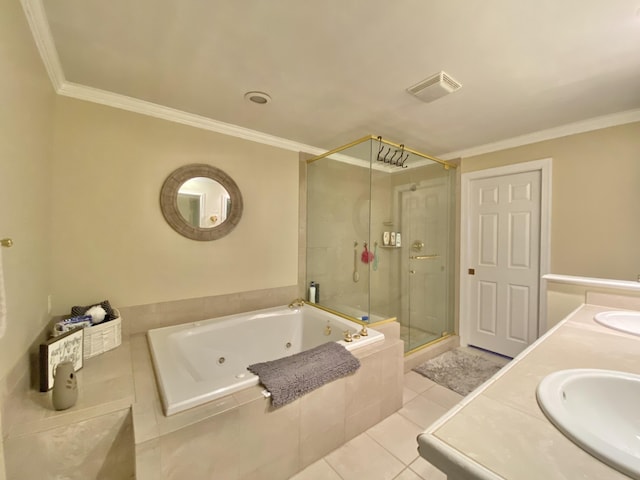 bathroom featuring ornamental molding, vanity, separate shower and tub, and tile patterned flooring