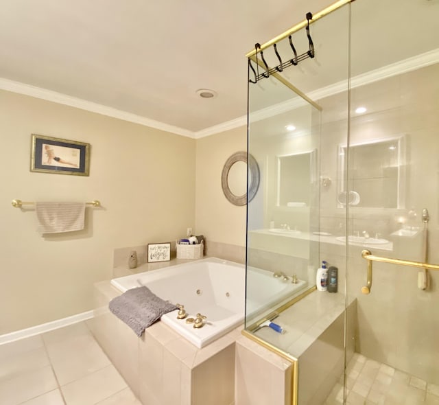 bathroom featuring ornamental molding, tile patterned floors, and plus walk in shower