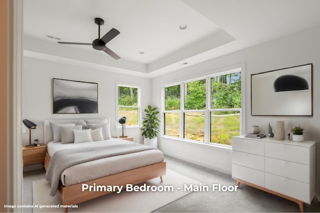 bedroom with a raised ceiling, carpet, and ceiling fan