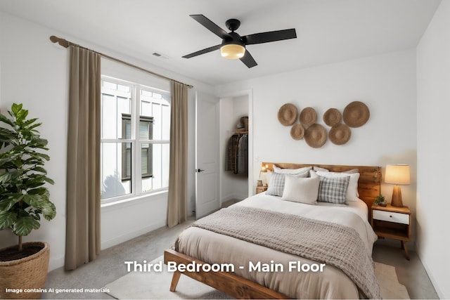 carpeted bedroom with multiple windows and ceiling fan