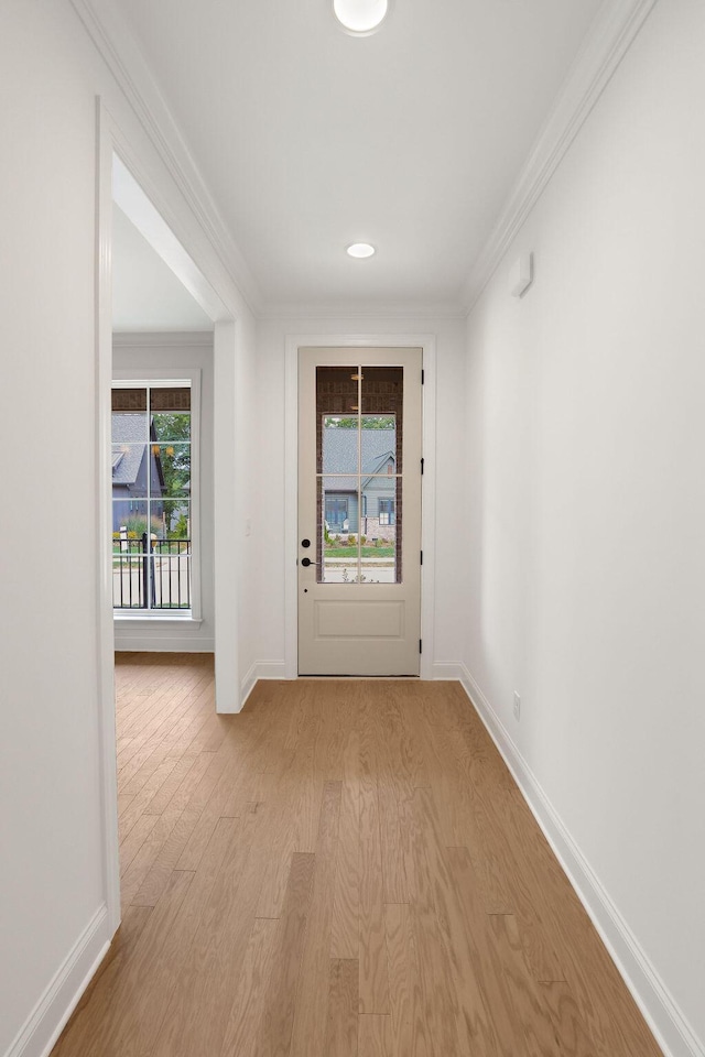 doorway featuring crown molding, light hardwood / wood-style flooring, and a healthy amount of sunlight