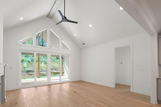 unfurnished living room with beamed ceiling, ceiling fan, high vaulted ceiling, and light hardwood / wood-style flooring