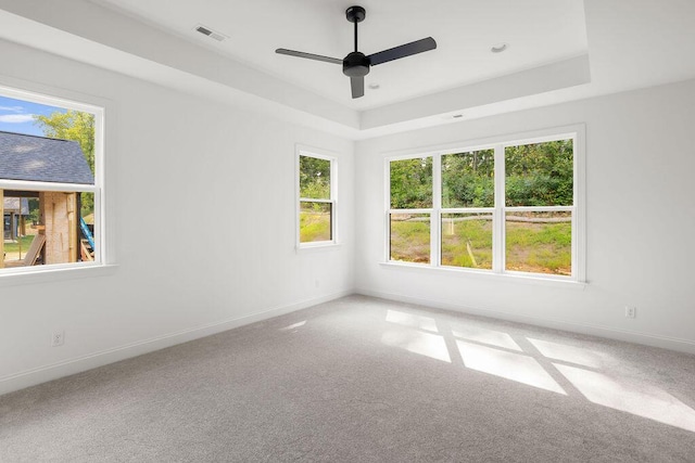 spare room with a tray ceiling, a wealth of natural light, ceiling fan, and carpet