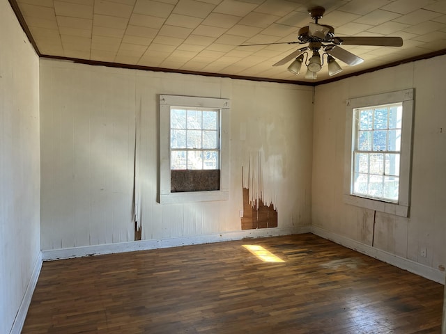 spare room with crown molding, dark hardwood / wood-style flooring, and a wealth of natural light