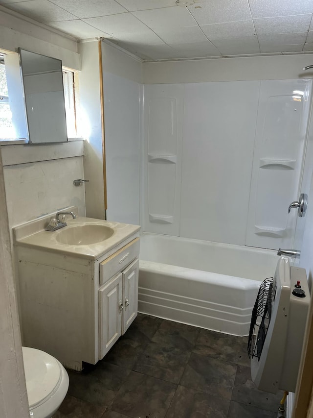 full bathroom with vanity, bathtub / shower combination, and toilet