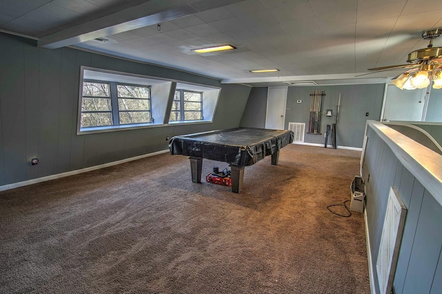 game room featuring ceiling fan, pool table, beam ceiling, and carpet floors