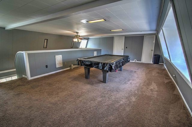 game room featuring billiards, wooden walls, carpet floors, beamed ceiling, and ceiling fan