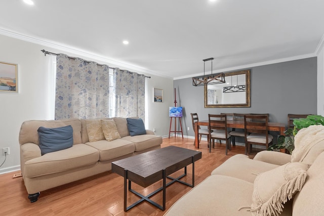 living room featuring ornamental molding and light hardwood / wood-style flooring