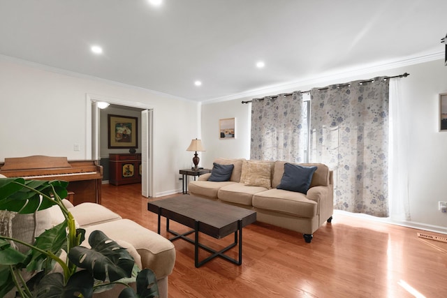 living room featuring crown molding and light hardwood / wood-style floors