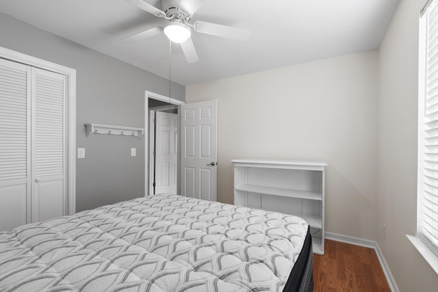 bedroom with a closet, dark hardwood / wood-style floors, and ceiling fan