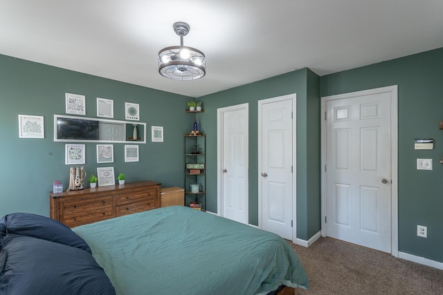 carpeted bedroom with two closets