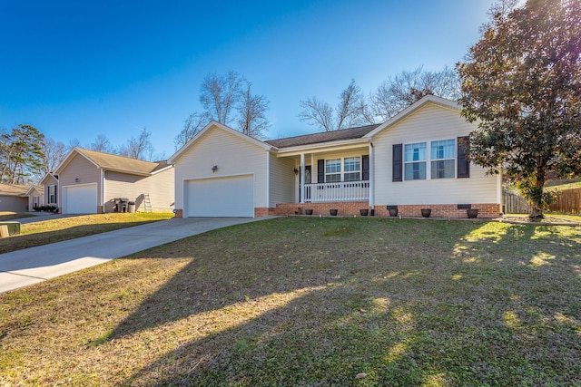 ranch-style house with a garage, covered porch, and a front lawn