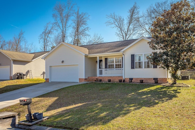 ranch-style home featuring a porch, a garage, and a front yard