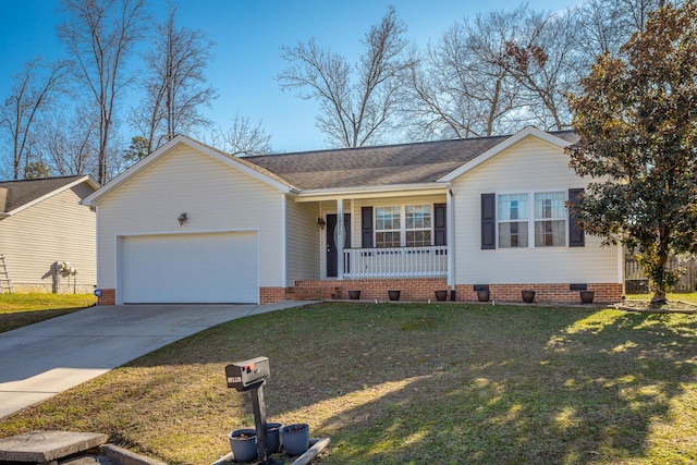 ranch-style house featuring a garage, a front yard, and a porch