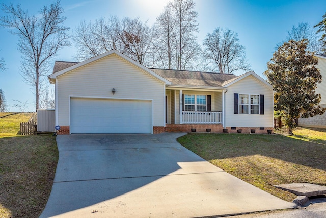 single story home with a garage, a porch, and a front yard