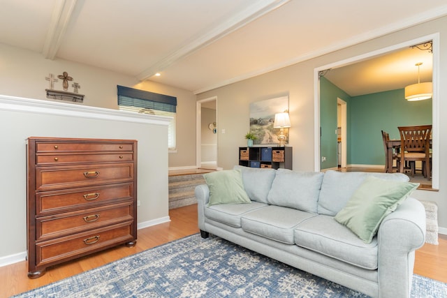 living room with hardwood / wood-style flooring and beam ceiling