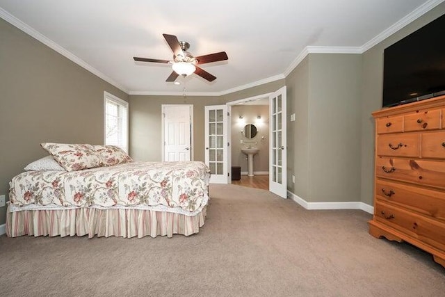 bedroom featuring sink, ceiling fan, ornamental molding, light colored carpet, and french doors