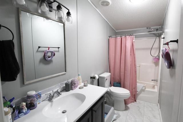 full bathroom with toilet, a textured ceiling, vanity, ornamental molding, and shower / bath combo with shower curtain