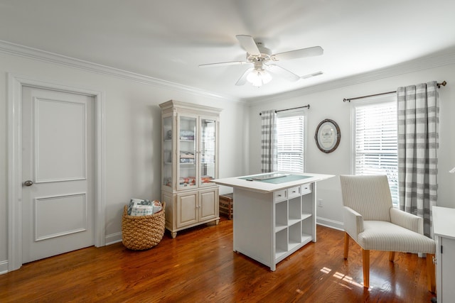 office with ornamental molding, dark hardwood / wood-style floors, and ceiling fan