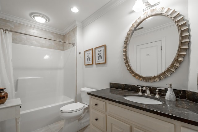 full bathroom with shower / tub combo, tile patterned flooring, vanity, ornamental molding, and toilet