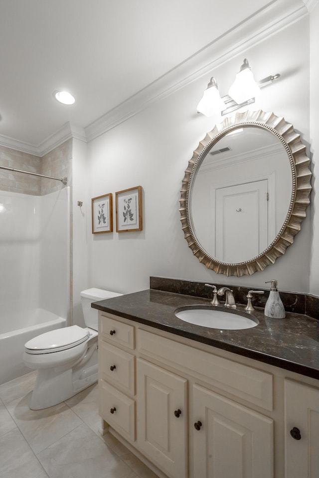 full bathroom featuring crown molding, tile patterned flooring, vanity, bathtub / shower combination, and toilet