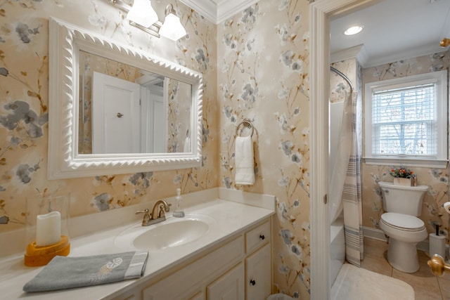 full bathroom with shower / tub combo with curtain, toilet, crown molding, vanity, and tile patterned flooring