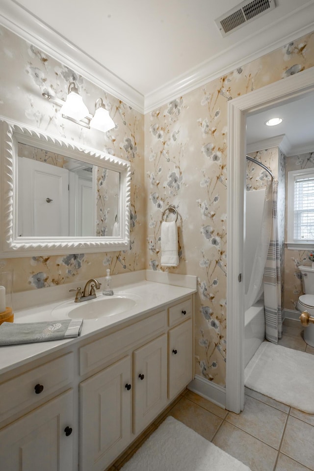 full bathroom featuring toilet, crown molding, shower / tub combo, vanity, and tile patterned flooring