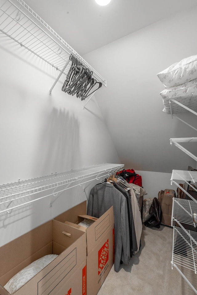 walk in closet with carpet flooring and vaulted ceiling