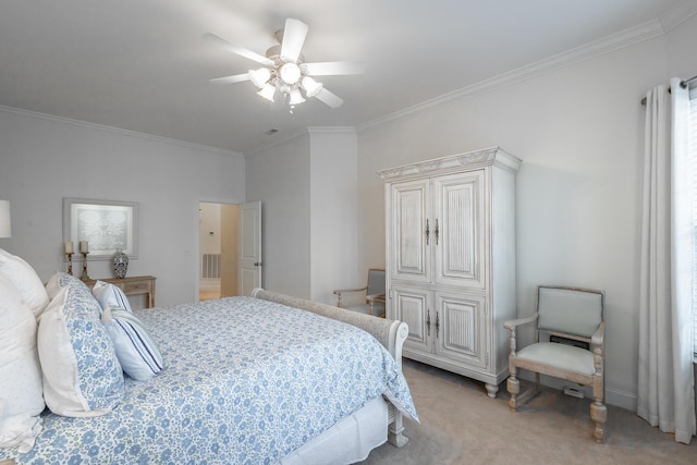 bedroom featuring light carpet, ornamental molding, and ceiling fan