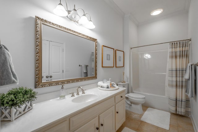 full bathroom with crown molding, tile patterned flooring, vanity, shower / bath combination with curtain, and toilet