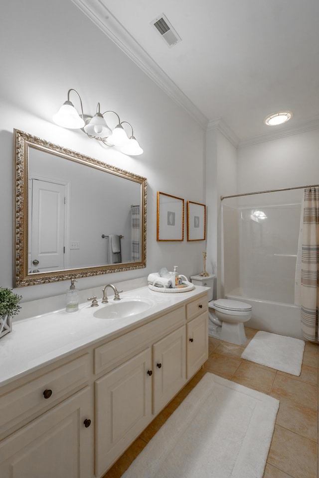 full bathroom with toilet, crown molding, vanity, shower / bath combination with curtain, and tile patterned flooring